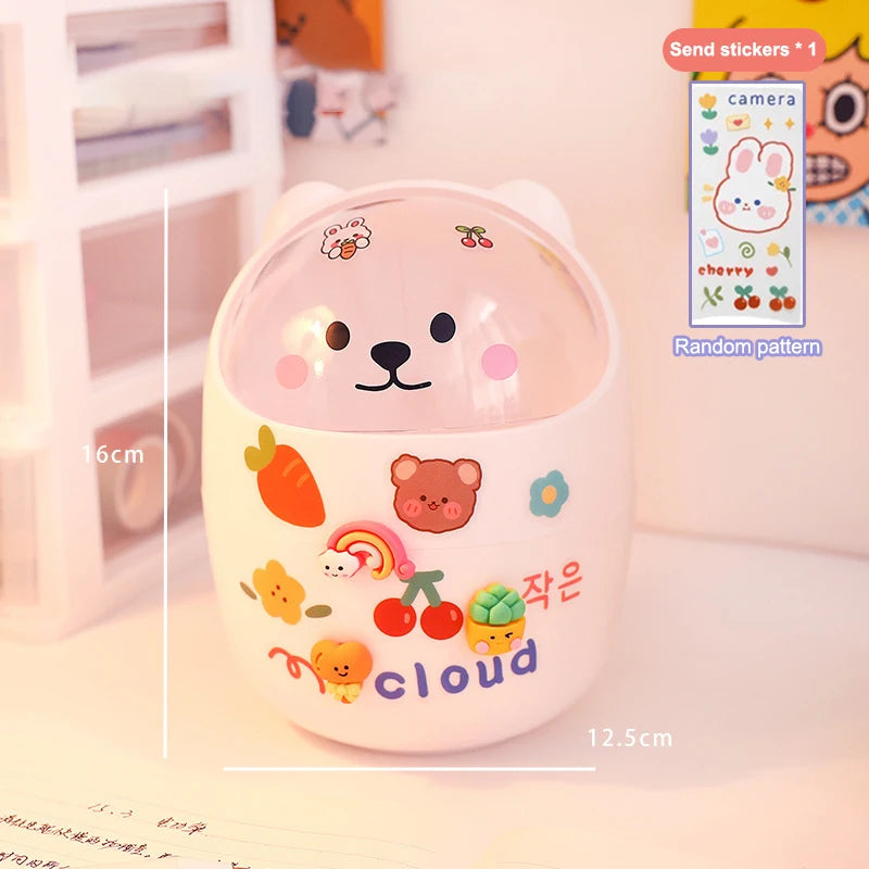 Lid Trash Can Small Pen Holder Give Sticker Mini Kawaii Bedroom Desk Qme 16CM white