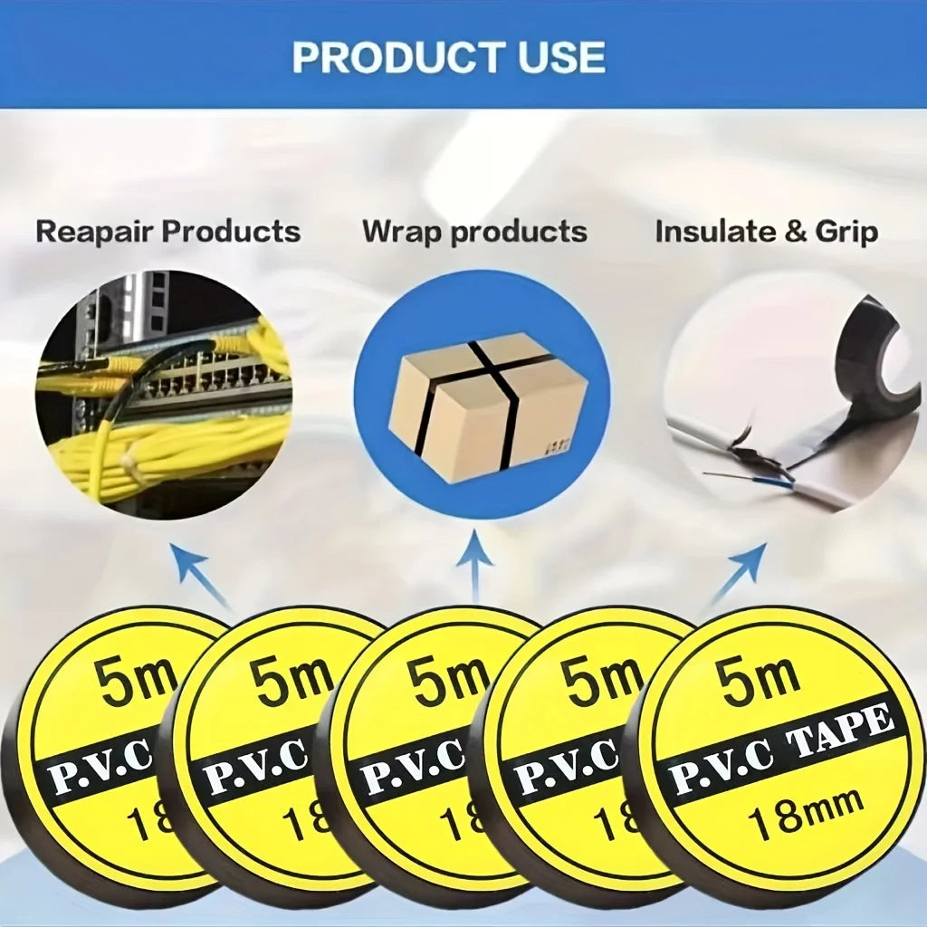 10pcs Electrical Tape, Flame Retardant Indoor Outdoor High Temperature Resistance Electric Tape, Premium Black Waterproof Tape Qme