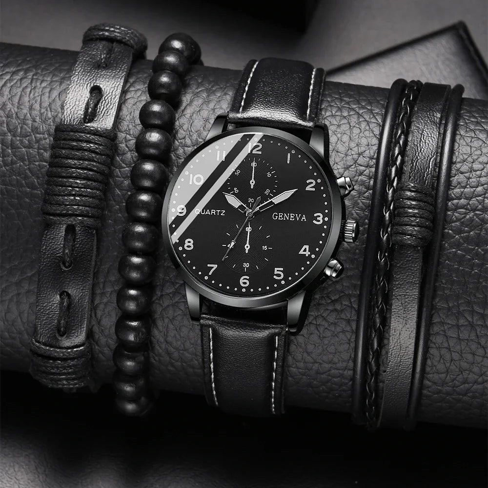 New Men's Watch Luxury Bracelet Set Multi Pieces Fashion Business Black Leather Quartz Watch Gift Box for Men Reno Masculino Qme H