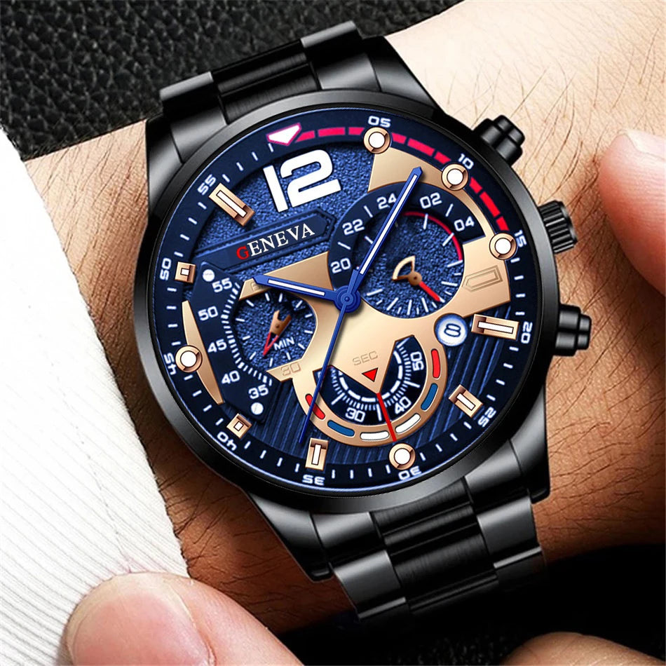 Silver Steel Band Men Chronograph Watch, Large Dial GENEVA Analog Quartz Watch for Business Casual Daily Wear Qme