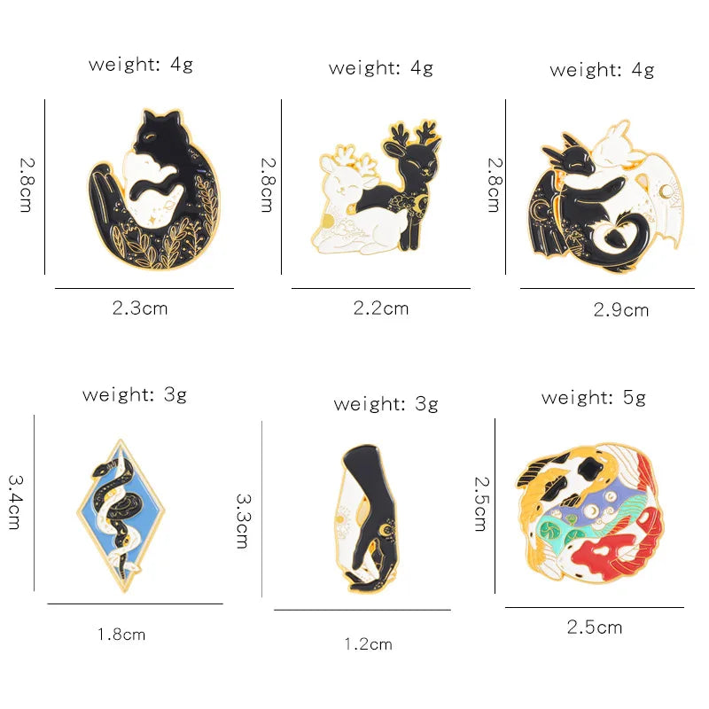 Black White Animal Enamel Pins Snake Cat Dragon Metal Brooches Badge Jewelry Punk Jeans Hat Lapel Clothes Women Kid Wholesale Qme