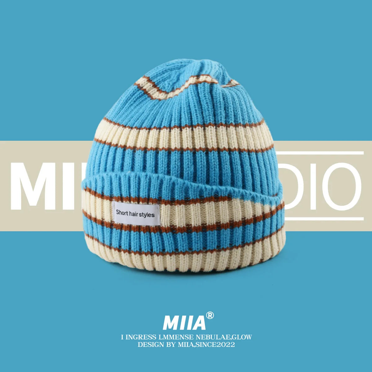 Niche Striped Autumn Winter Warm Wool Hat Showing Face Small Qme sky blue One Size