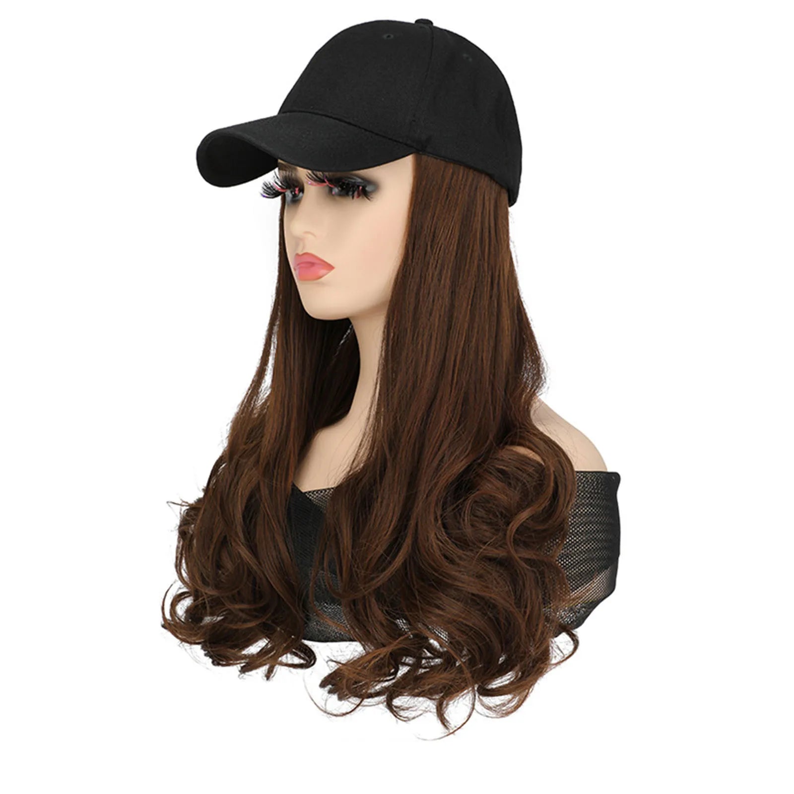 Baseball Cap With Hair Extensions Long Curly Hairstyle Adjustable Removable Black Wig Hat 17.7inch For Woman Girl Qme E