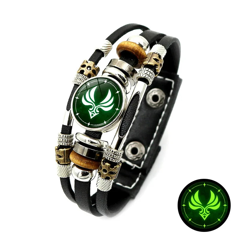 Luminous Genshin Impact Leather Bracelet Eye of God Water Wind Thunder Fire Rock Ice Element Snap Button Bracelets Jewelry Gift Qme