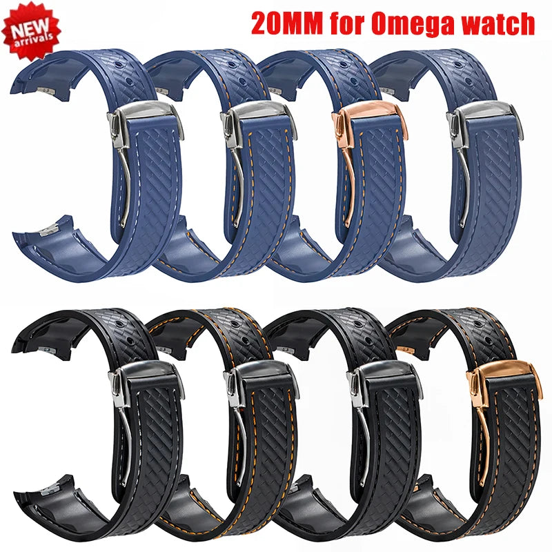 Rubber Watchband For Omega AT150 Seamaster 300 AQUA TERRA Diving watches straps Black Blue Silicone Watch Strap 20mm bracelet Qme