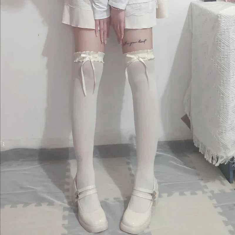 Women Lace Black White Ruffle Long Socks Girls Sweet Stockings JK Qme WHITE One Size