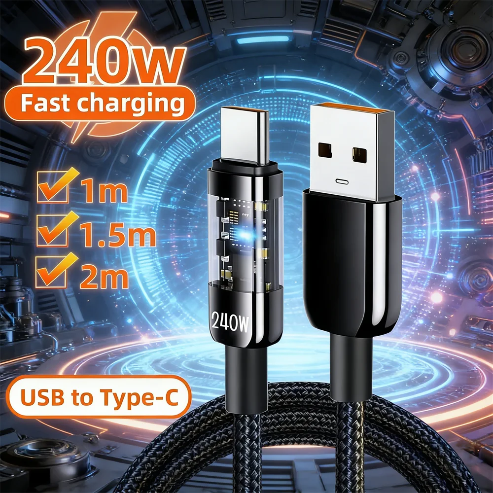 USB C 240W 10A Fast Charging Data Cable USB to Type C QC3.0 Fast Charger Cord With LED Light Phone Data Line For Samsung Xiaomi Qme