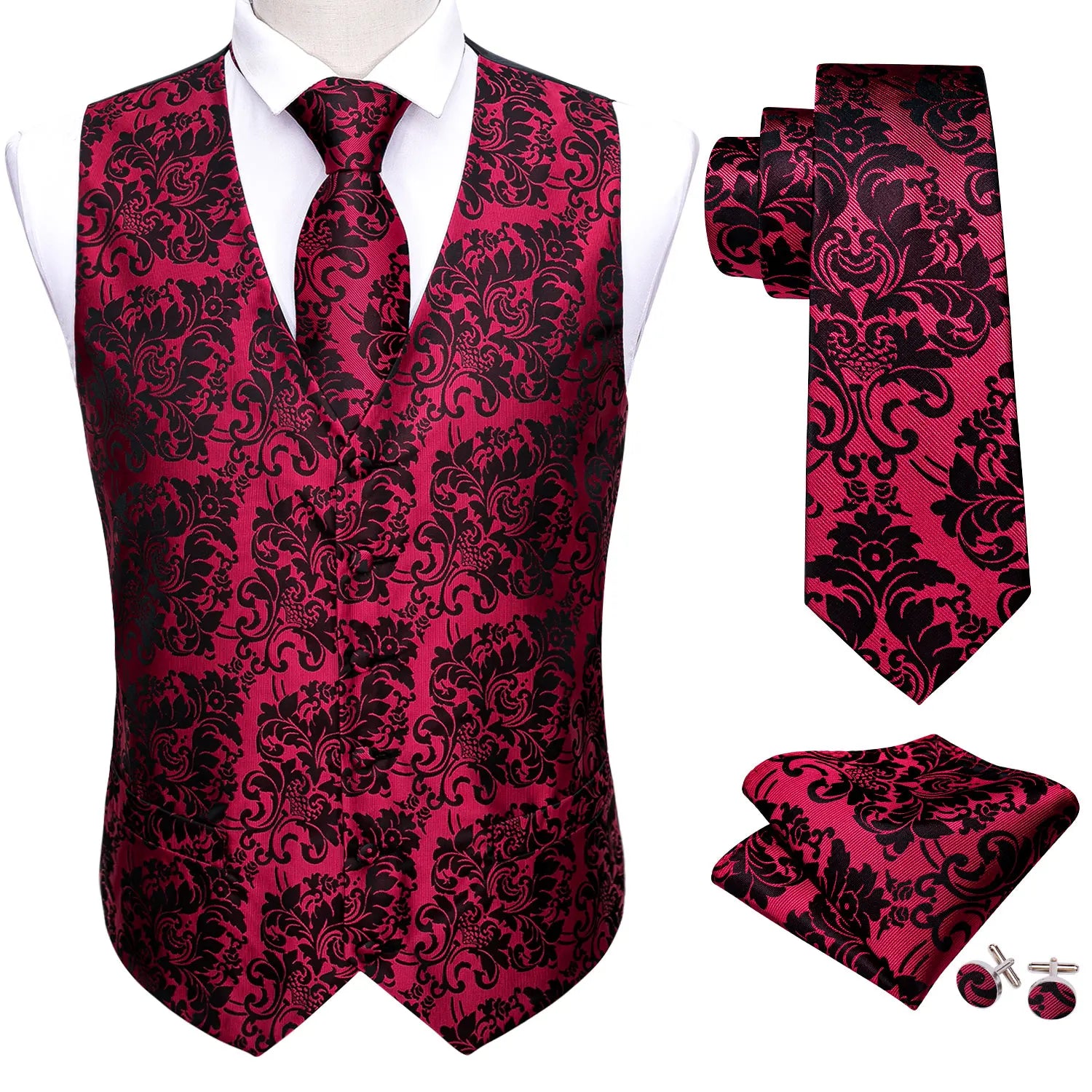 Men's Formal Suit Vest & Tie Set – Paisley/Floral Premium Waistcoat and Necktie Combo for Weddings, Business Festive Occasions Qme MJ-2034 S