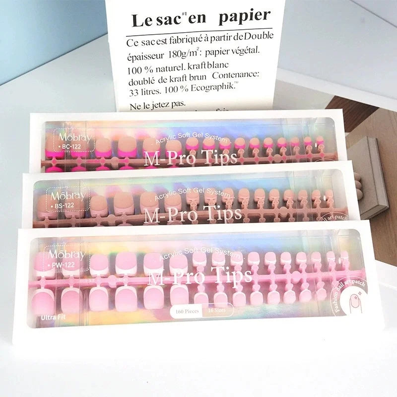 160pcs Fake Toe Nail Tips Pink French Short Square Full Cover Natural Artificial Acrylic Fake Press On Toenails For Nail Salons Qme