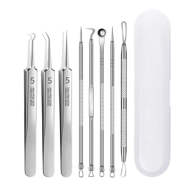 Ultra-fine Acne Pimples Blackhead Clip Tweezers Beauty Face Skin Care Cleaning Blackhead Remover Kit Acne Needle Hook Tool Qme 8PCS with box