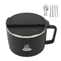 1200ml Stainless Steel Ramen Bowl with Lid Chopsticks Spork Portable Noodle Cup 304 Steel Food Container for Office School Qme black