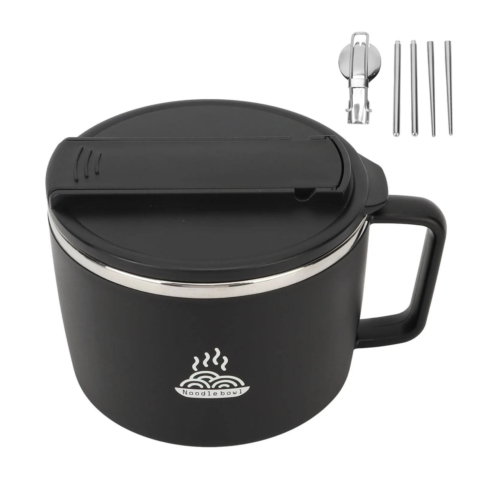 1200ml Stainless Steel Ramen Bowl with Lid Chopsticks Spork Portable Noodle Cup 304 Steel Food Container for Office School Qme black