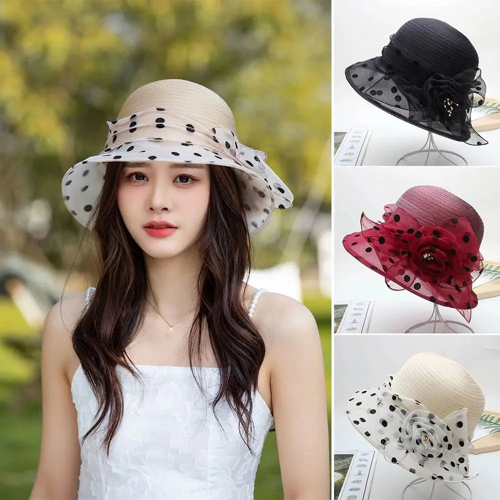 Floral Organza Sun Hat Elegant Wide Brim Bucket Hat UPF 50+ Breathable Flower Vacation Style Beach Sun Hat Qme