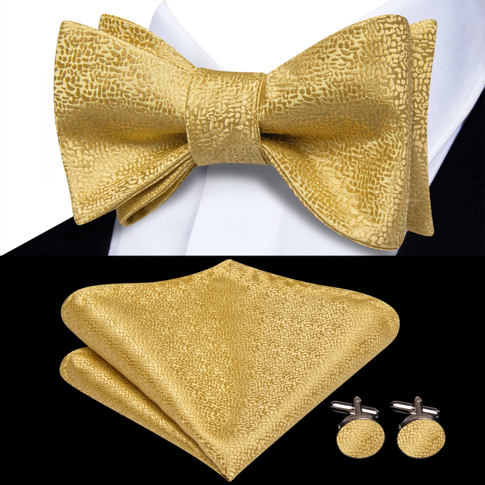 Beige Champagne Gold Silk Mens Bow Tie Hanky Cufflinks Jacquard Qme HT-LH-2340