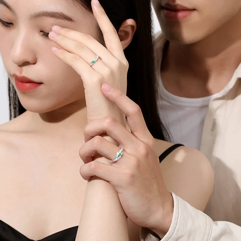 Sweet Simple Green Leaves Young Couple Ring For Women Lover Silver Color Open Resizable Rings Romantic Wedding Jewelry Qme