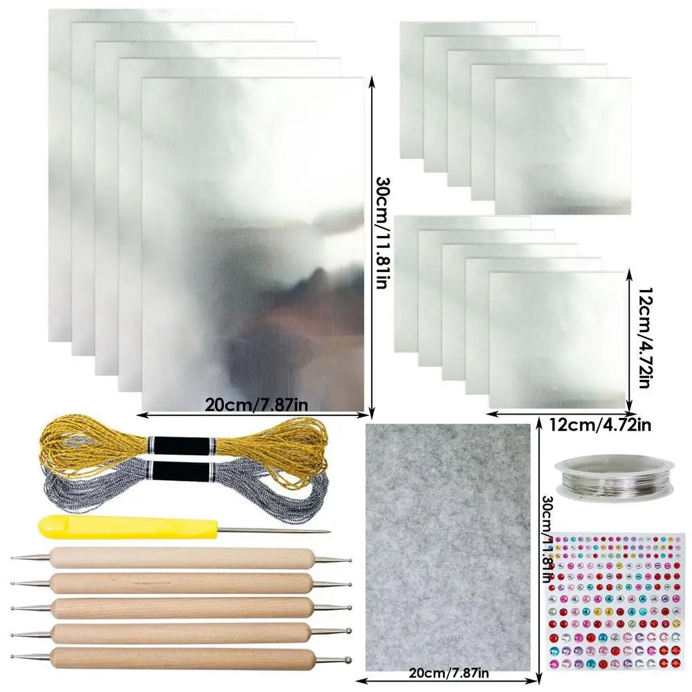 Foil Cardstock Metal Embossing Art Kit Silver Gold Shimmer Shiny Embossing Engraving Painting Kit Crafting Art for Kids Adults Qme Silver
