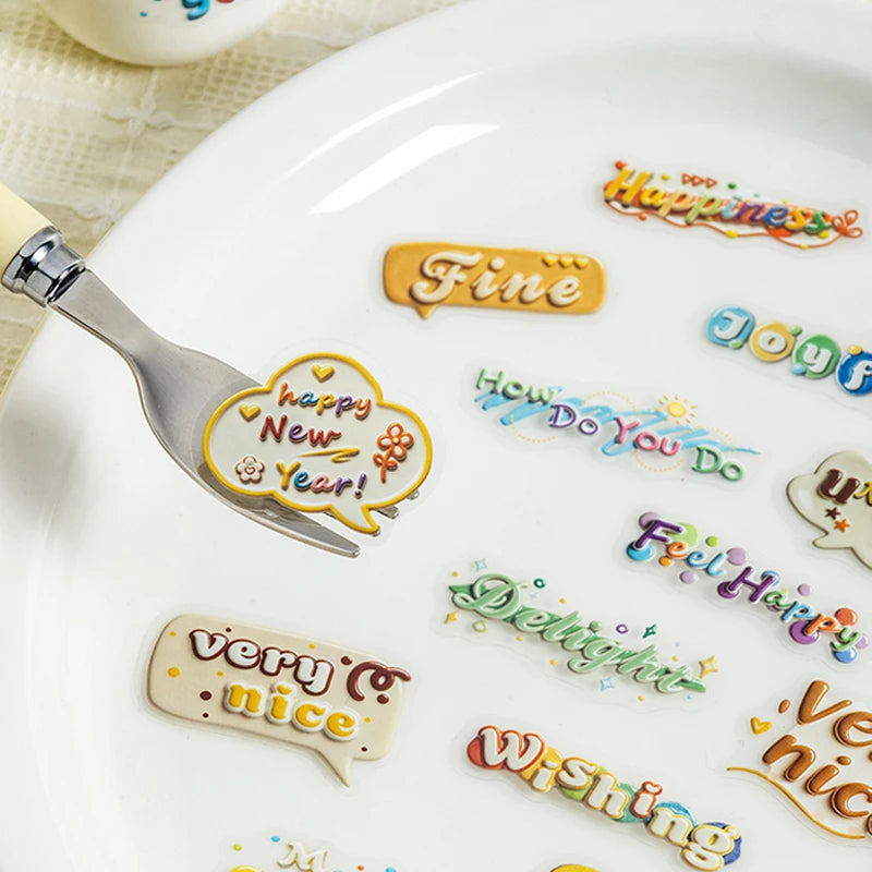Simulated Ceramic Texture Flat Stickers, Dopamine Color Scheme with Blessing Wishes, Ideal for Junk Journal Scrapbooking Qme
