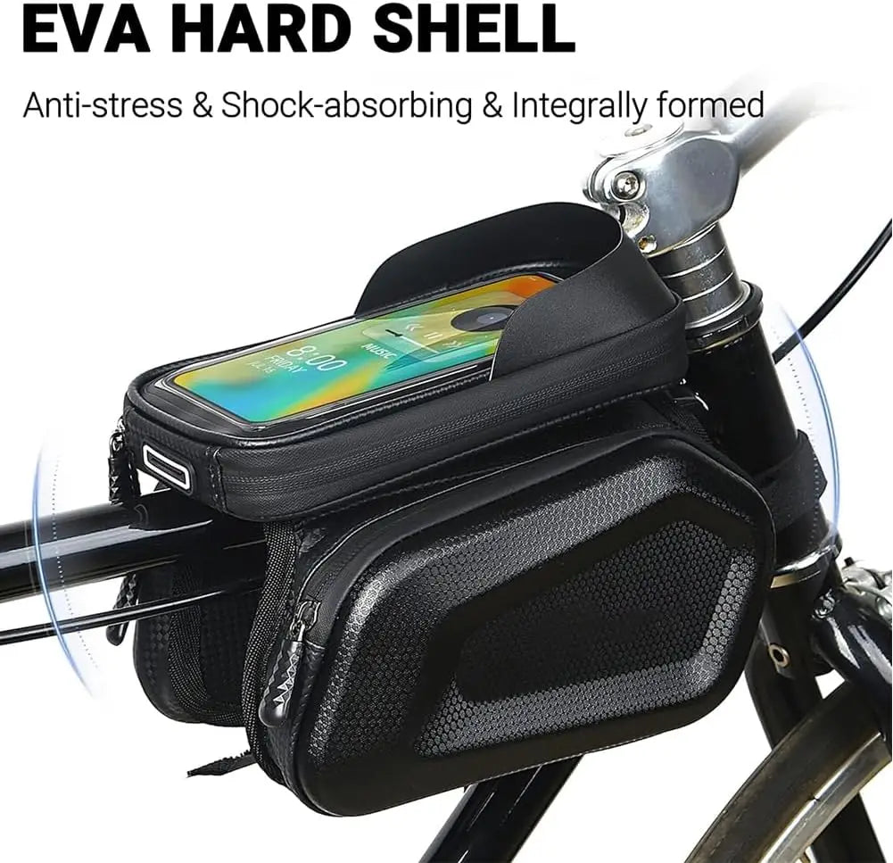 Bike Frame Bag Waterproof Bicycle Bike Phone Front Holder Mount Mountain Bike Accessories for Cell Phone Under 6.8" Qme black