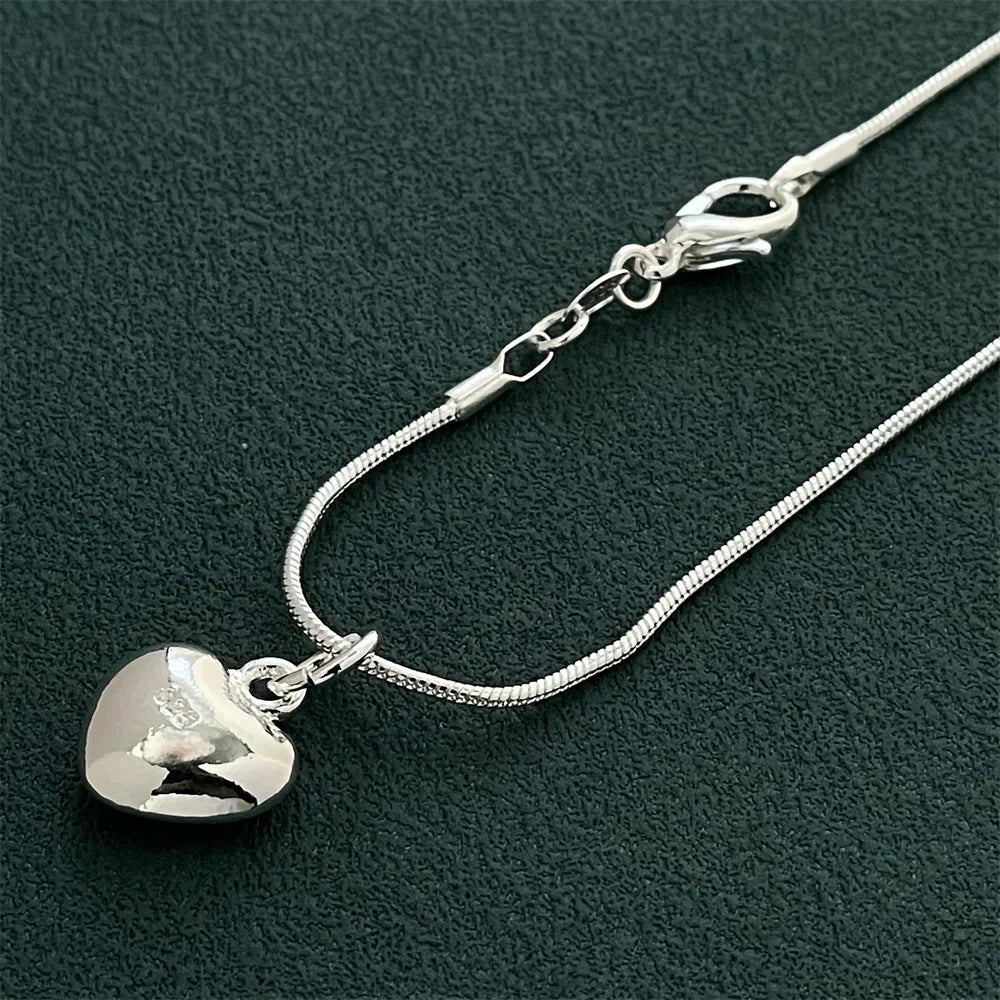 Cute 925 Sterling Silver Jewelry Classic Lovely Heart Pendant with Snake Bone Chain Necklace for Women Party Anniversary Gift Qme heart necklace 55CM 22 inches