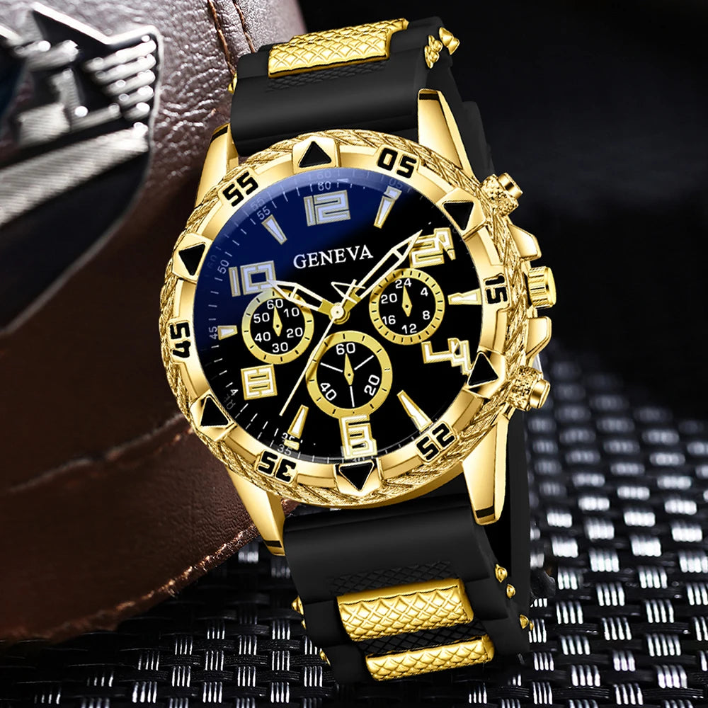 Geneva Black Gold Tape Three Eye Men's Sports Watch Cuban Bracelet Cross Necklace Fried Dough Twists Ring Set of Four Qme