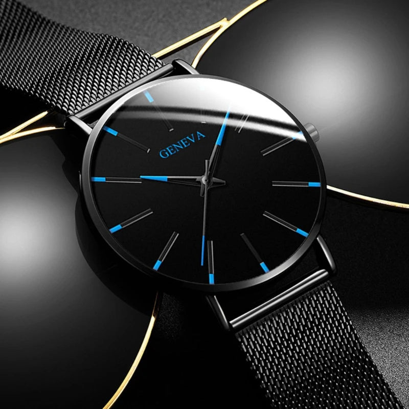 Fashionable Ultra Thin Men's Watch, Quartz Watch with Stainless Steel Mesh Bracelet for Business Men Qme