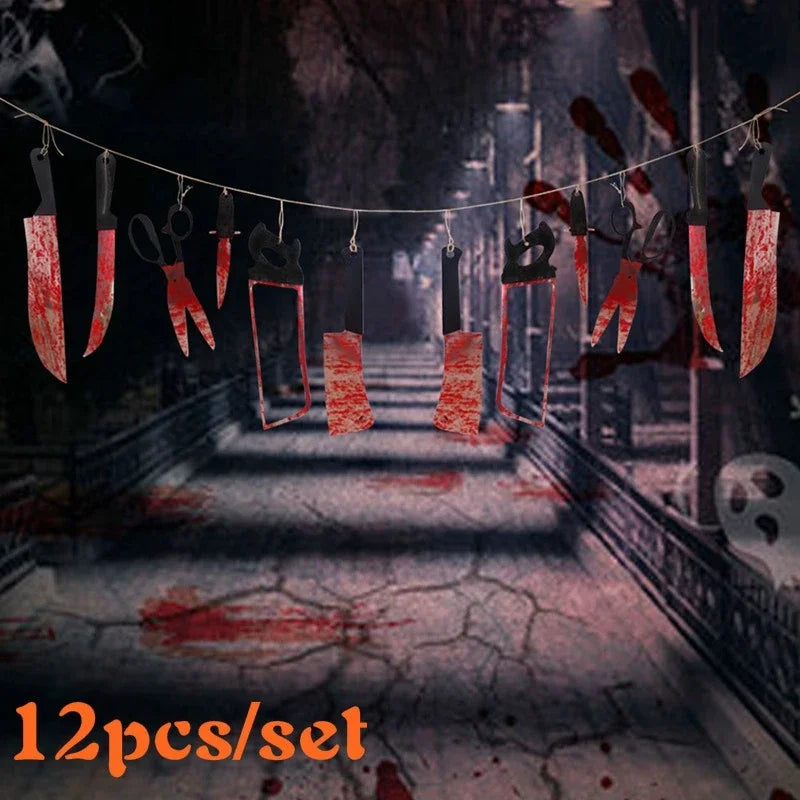 12Pcs Halloween Fake Blood Knife Garland Plastic Bloody Knife Banner Haunted House Horror Hanging Party Wall Decoration Props Qme