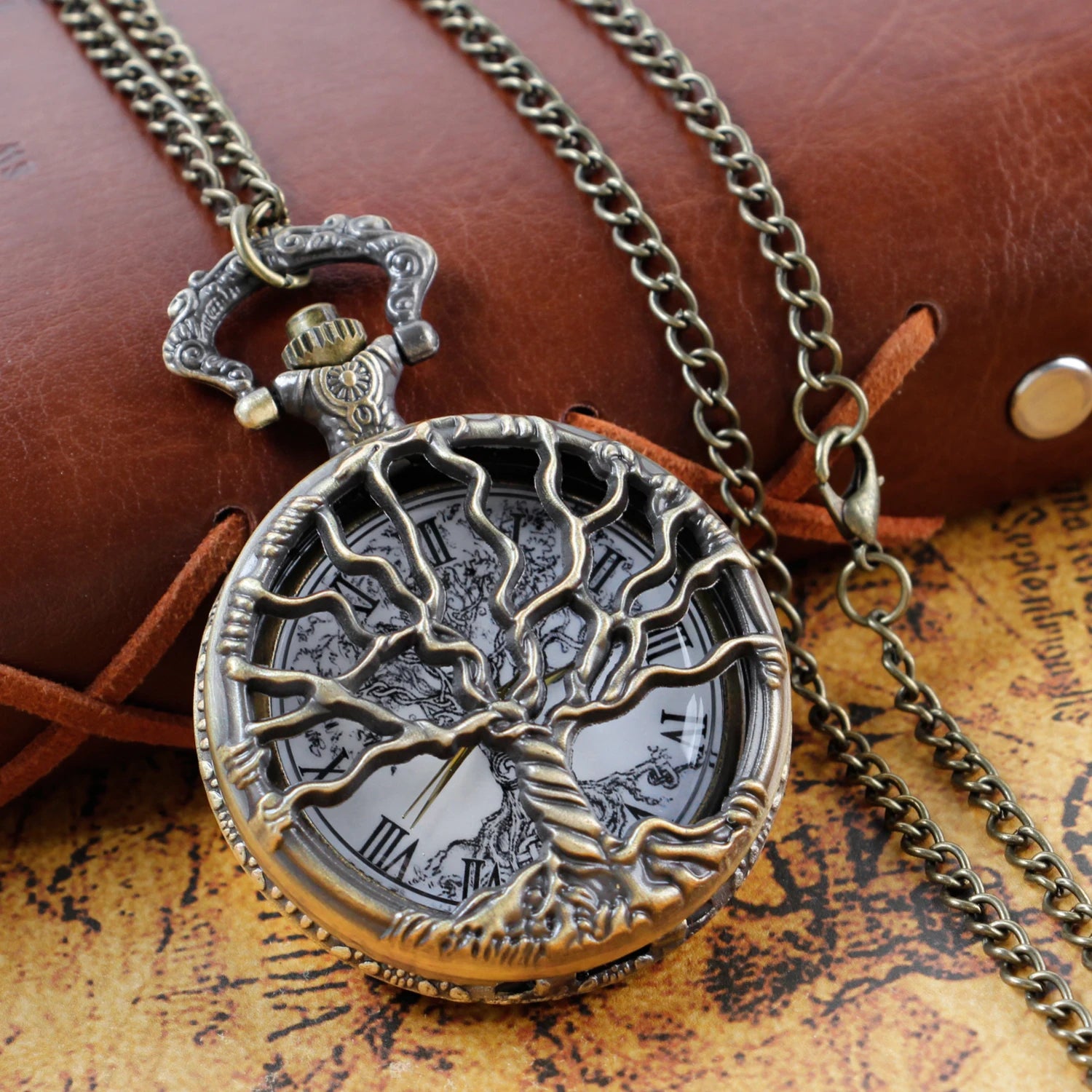 Steampunk Retro Bronze Hollow Tree of Life Quartz Pocket Watch with Fob Women's Watch Pendant Necklace Chain Men's Gift CF1088 Qme A