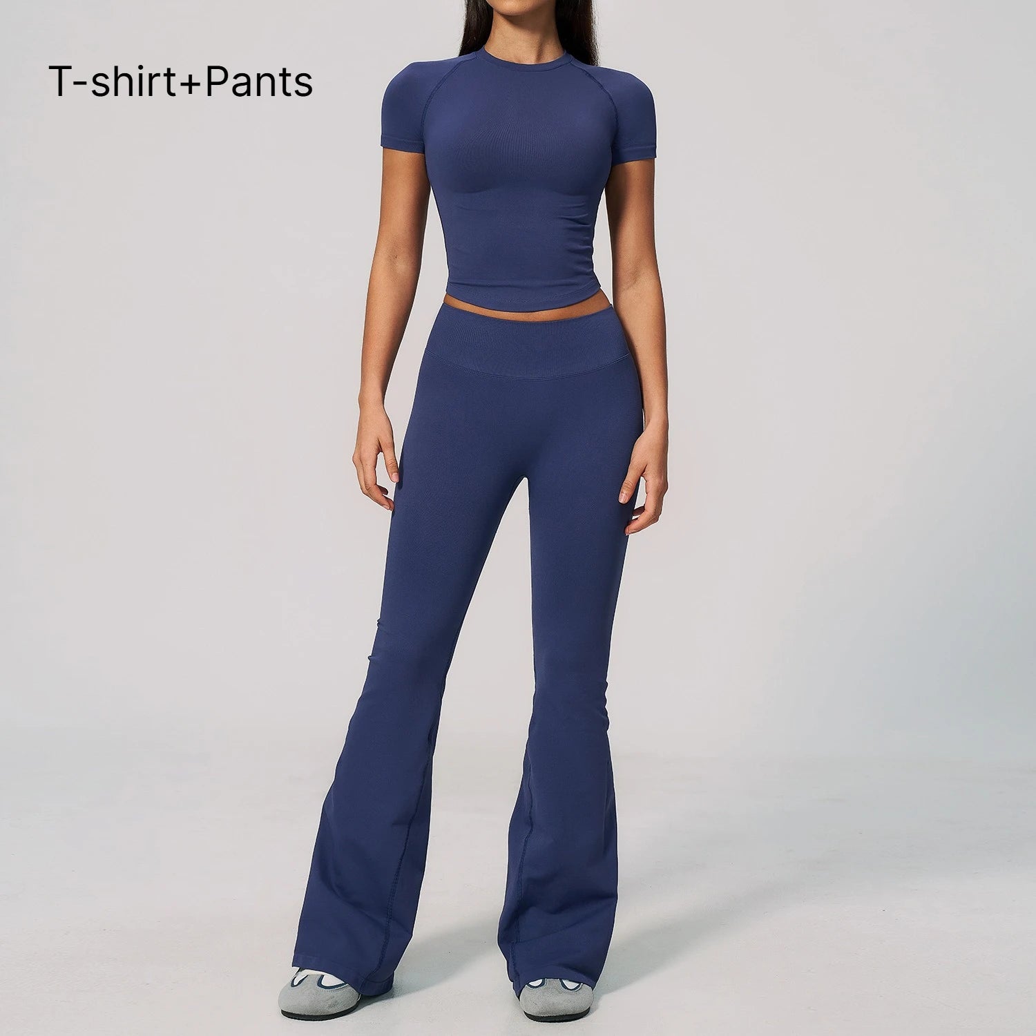 B New 2PCS Women Yoga Workout Suit, Short Sleeve Top with High Waist Flared Pants, Elastic Sportswear for Gym Cycling Fitness Qme 2pcs Blue XL