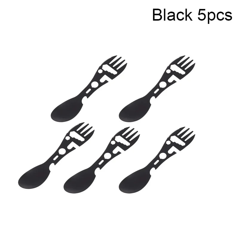 1 Camping Utensils Stainless Steel Outdoor Survival Gear Travel Qme 5Pcs Black