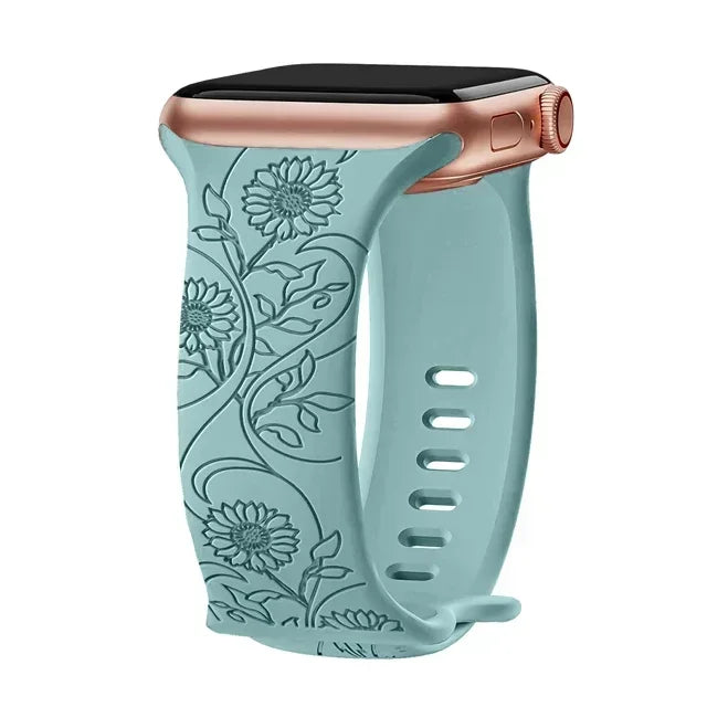 Floral Engraved Strap For Apple Watch Band 40mm 44mm 41mm 49mm 45mm 38mm 42mm silicone bracelet iwatch series 9 7 se 6 8 ultra 2 Qme Sunflower Green 38mm 40mm 41mm