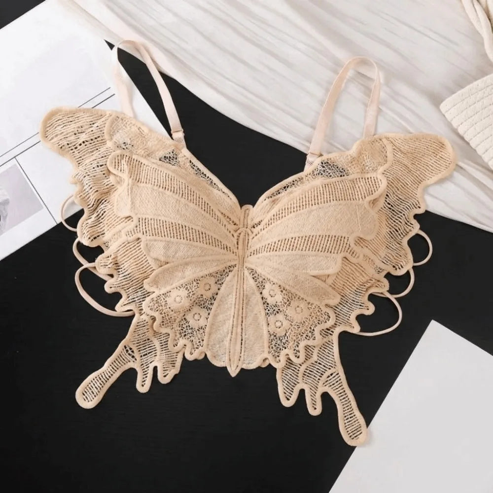 Sweet Backless Butterfly Bras Slim Fit Padded Lace Camisole Flower Qme Nude 32-36AB One Size