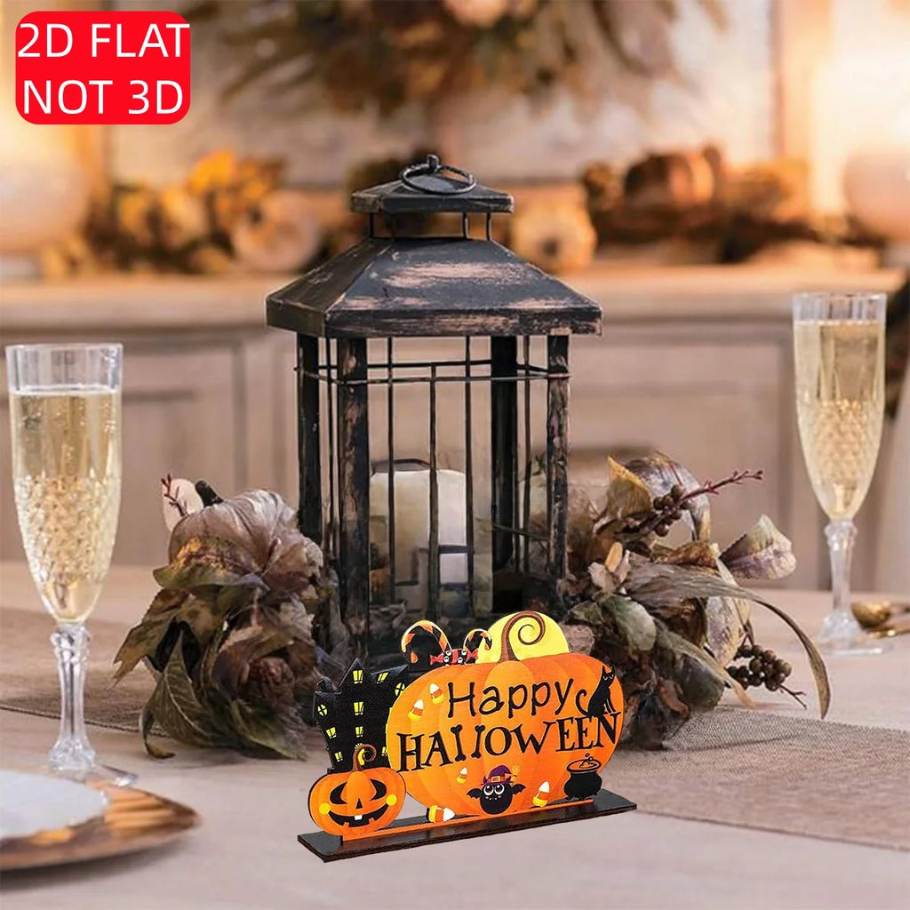 Halloween 2D Wooden Desktop Sign - "Happy Halloween" Pumpkin Ghost House Corn Candy Bat Decoration, Halloween Decoration Qme