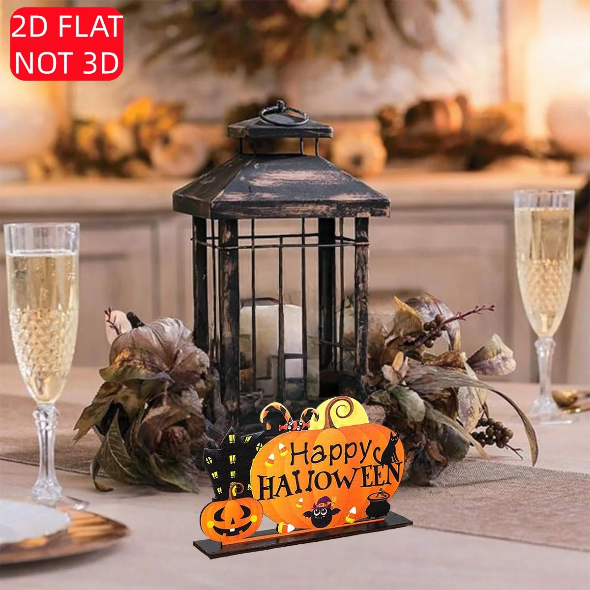 Halloween 2D Wooden Desktop Sign - "Happy Halloween" Pumpkin Ghost House Corn Candy Bat Decoration, Halloween Decoration Qme