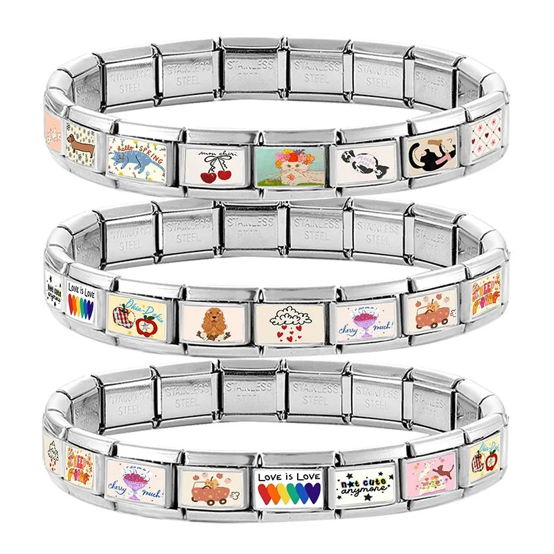 2026 Fashion New Women Gift Fruit Apple Cherry Cats Dogs Charm Italian Link Fit 9mm Bracelet Stainless Steel Making DIY Jewelrys Qme