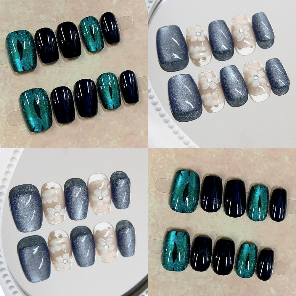 Dark Peacock Emerald Green Cat Eye Press Nails Short Square Flowers Qme