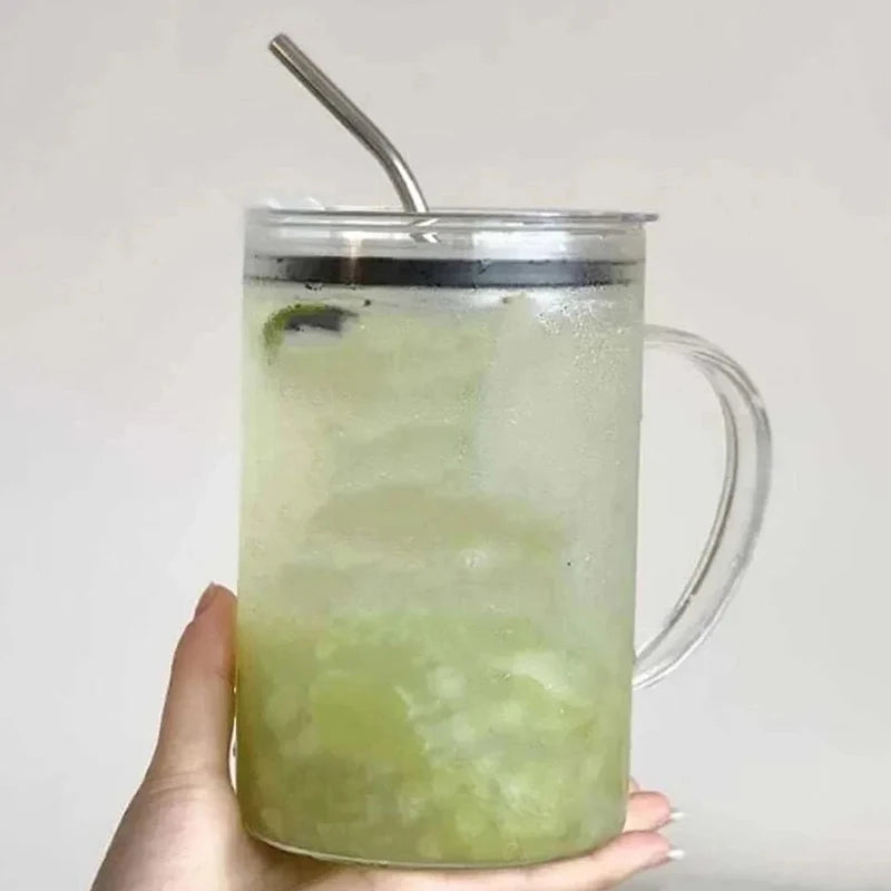 Drinking Glass Tumbler Lid Straw Coffee Cup Mug Milk Juice Qme