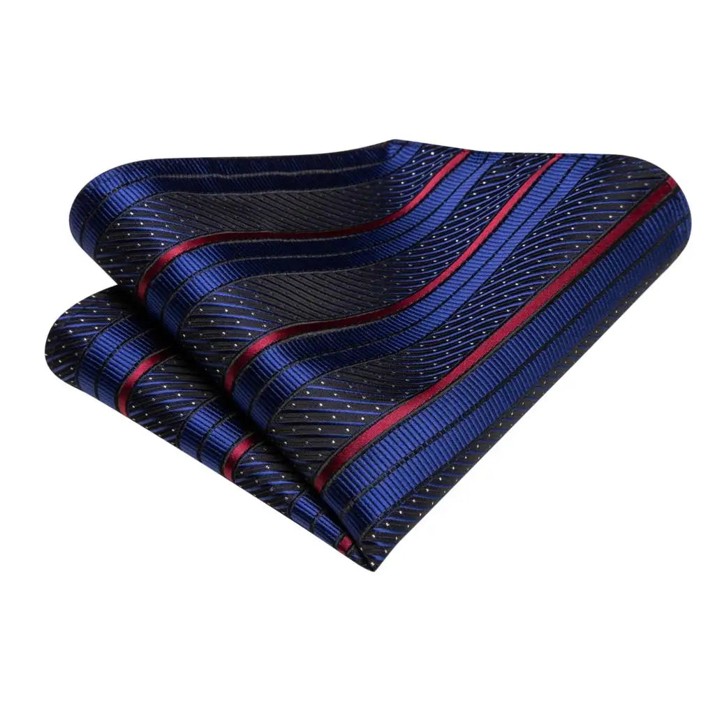 Hi-Tie Striped Navy Blue Mens Fashion Necktie Handkerchief Cufflinks for Tuxedo Accessory Classic Silk Luxury Tie for Man Gift Qme