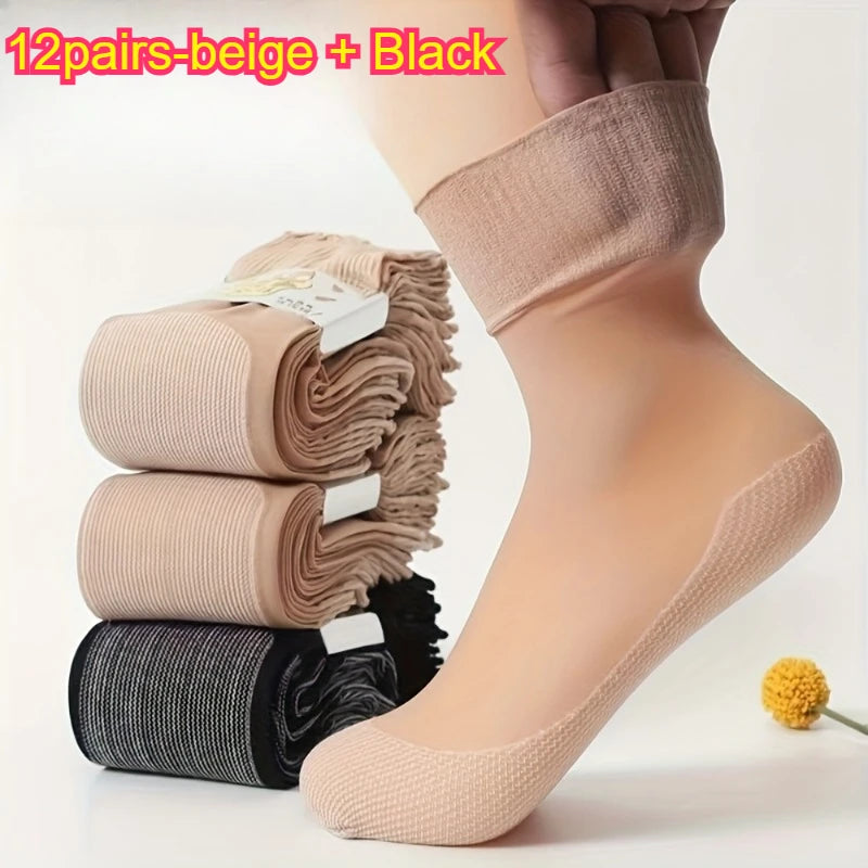 Women's Non-Binding Sheer Socks ， Thin Ankle Socks with Cotton Sole, Breathable Loose Top Socks for Summer Daily Wear Qme 12pairs-beige Black One Size