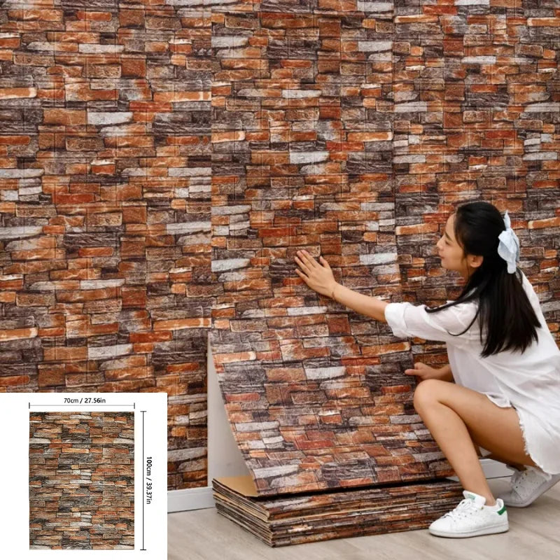 Waterproof Stain Resistant 3D Brick Wallpaper 70cmx2m Wall Sticker Qme retro orange 70CMx1M 2pcs