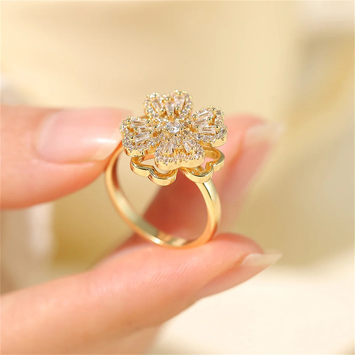 Classic Plant Cubic Zirconia Rings For Women Gold Silver Color Metal Stainless Steel Rotatable Ring Anniversary Crystal Jewelry Qme
