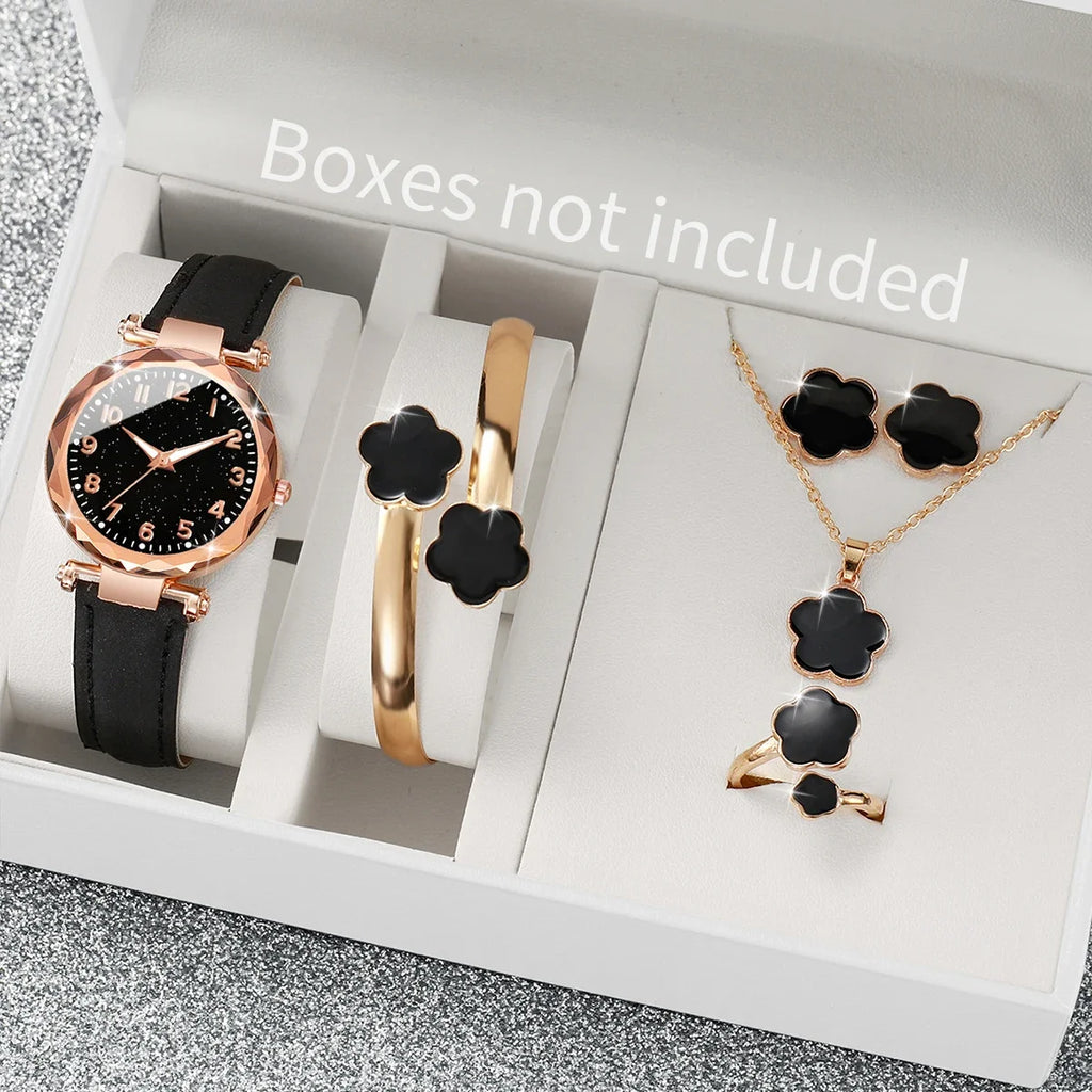 20266PCs/Set Women's Watch Fashion Digital Leather Quartz Watch with Unique Flower Jewelry Set Qme