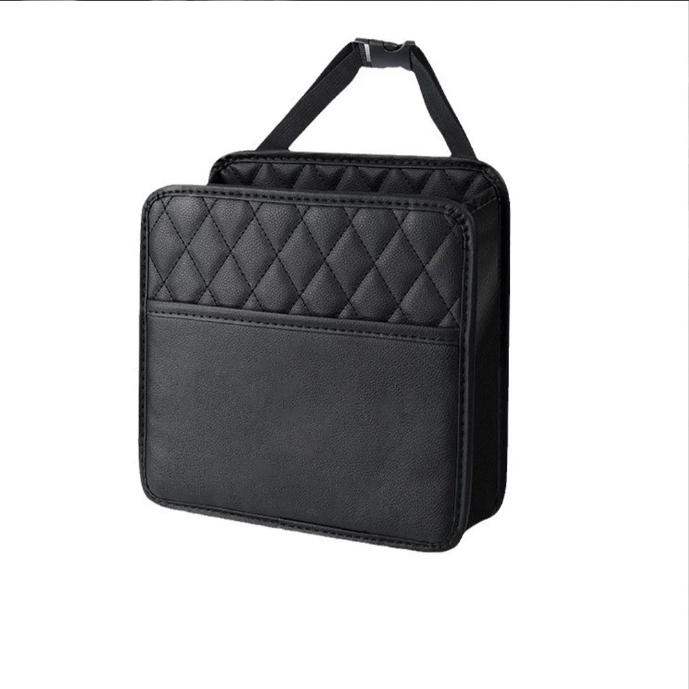 Multi-Function Leather Backseat Storage Bag Trash Can & Garbage Bag Holder Organizer for Most Car Models Qme Black