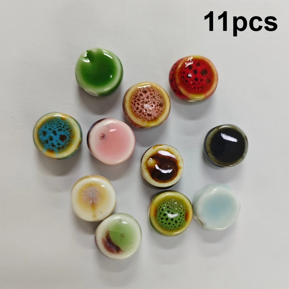 11pcs Ceramic Flat Beads Vintage Chinese-Inspired Floral Glaze Beads for Jewelry Making, Bracelet & Necklace Crafting Supplies Qme