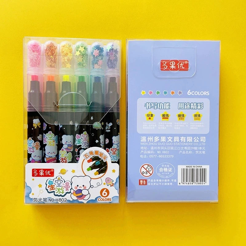 6Pcs/set Cute Star Stamp Highlighter Color Art Marker DIY Hand Account Pen Office Stationery Student School Drawing Supplies Qme