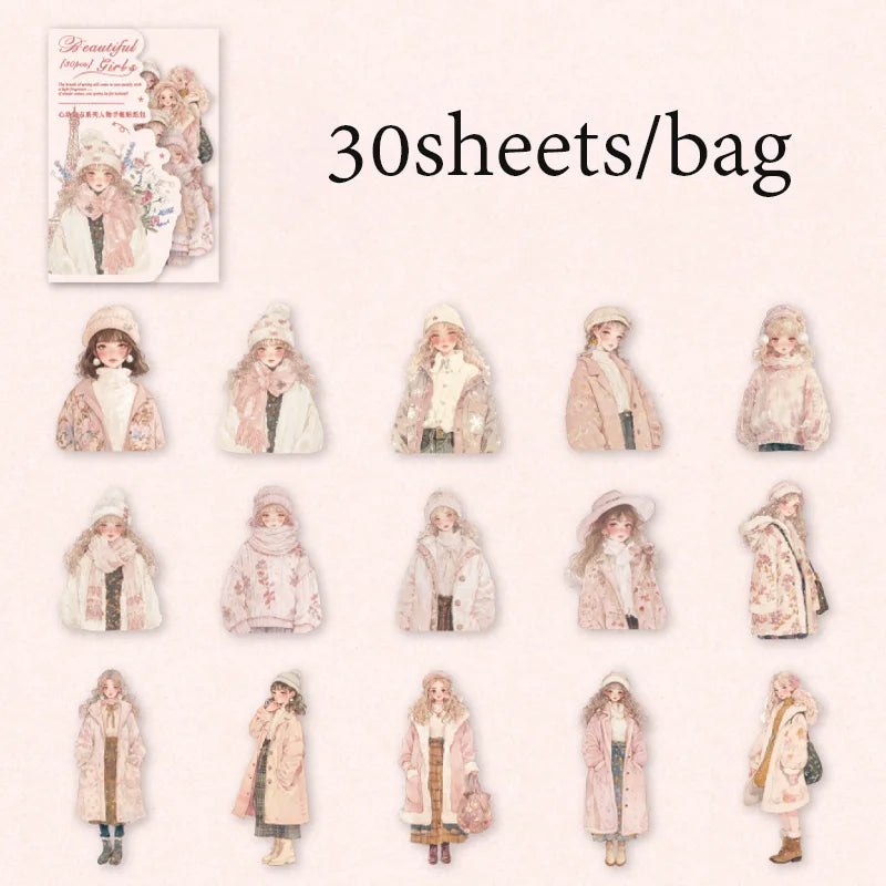 30 Sheets/Bag Korean Cute Girl PET Stickers Pack for Scrapbook Journal DIY Planner Phone Case Notebook Decoration Craft Gift Qme 1