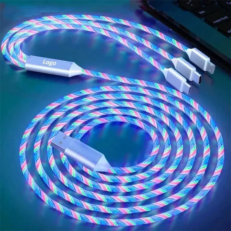 2pcs 3 in 1 Fast Charging Cable for Type C Lightning Android Universal Mobile Phones with Flowing Light Qme