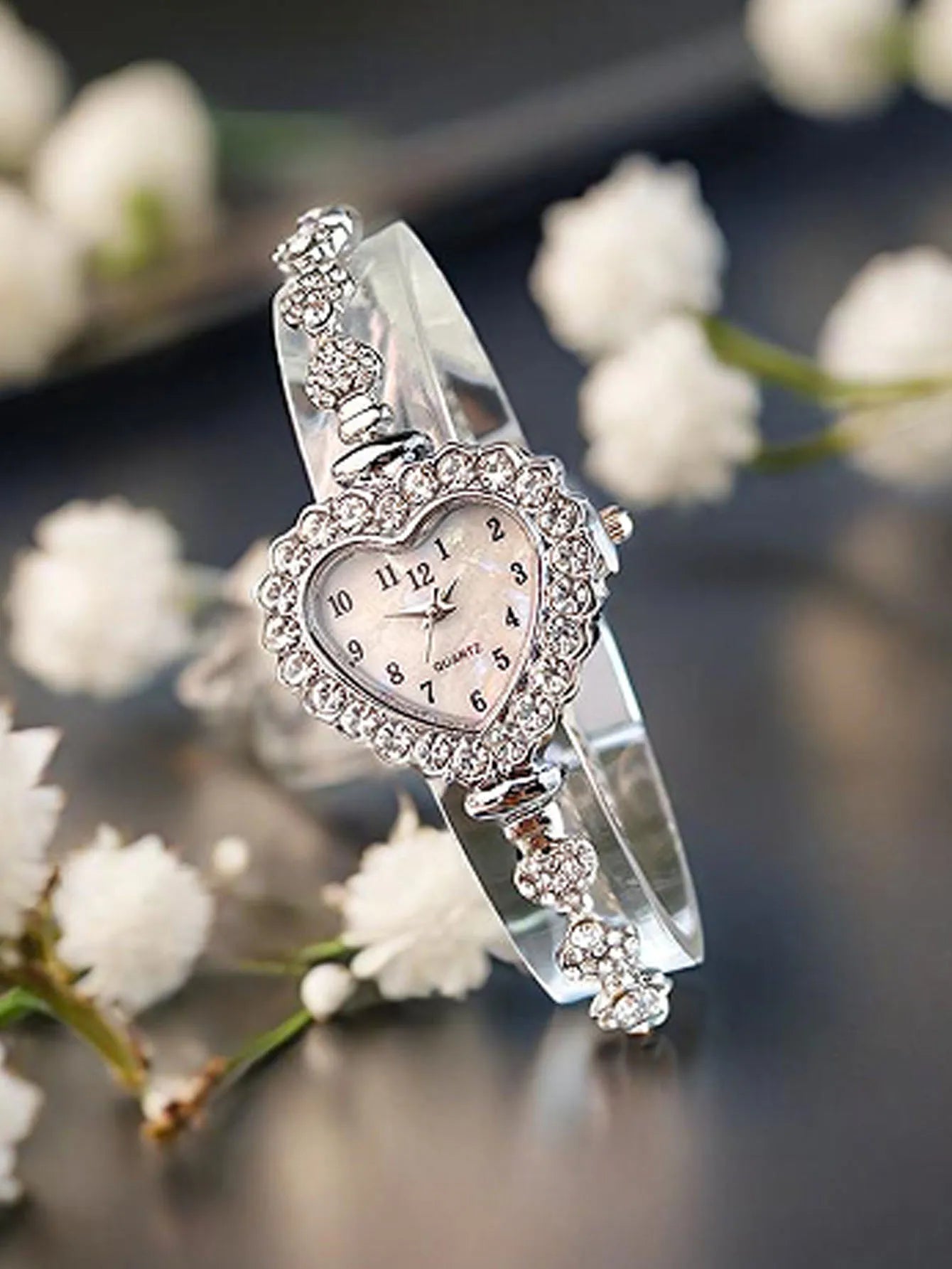 Fashionable heart-shaped fine strap diamond floral ladies' watch with adjustable bracelet Qme Silver