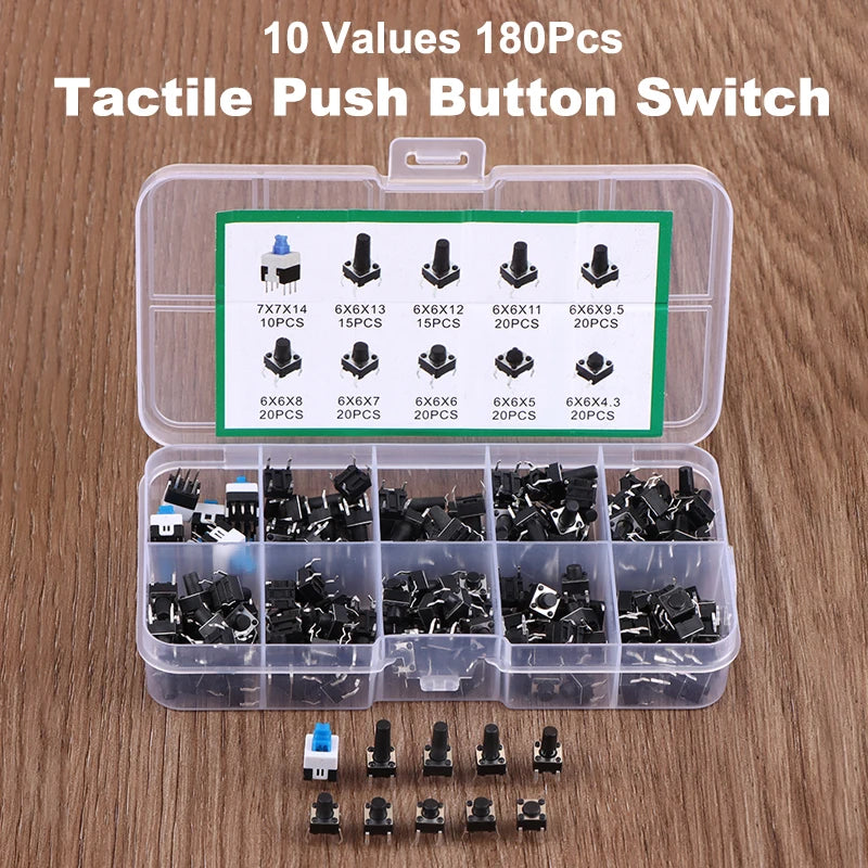 10 Values 180Pcs Tactile Push Button Switch Momentary Tactile Tact Mini Switch Kit 6*6 4.3-13MM 7*7mm Momentary Switch. Qme