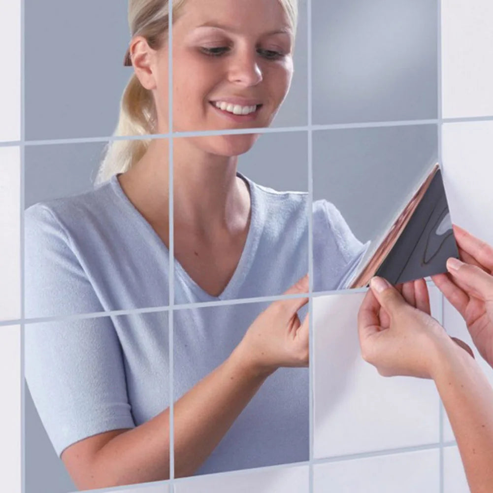 16pcs/set Wall Stickers Mirror Self-adhesive Glass Tile Mirror Stickers Creative Elegant Silver Convenient for Wardrobe Bathroom Qme