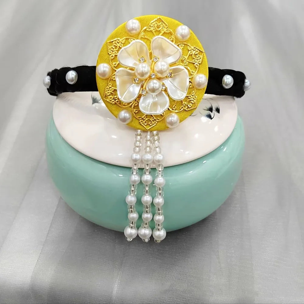Fashion Flower Korean Headband Pearl Tassels Hanbok Hairband Qme yellow
